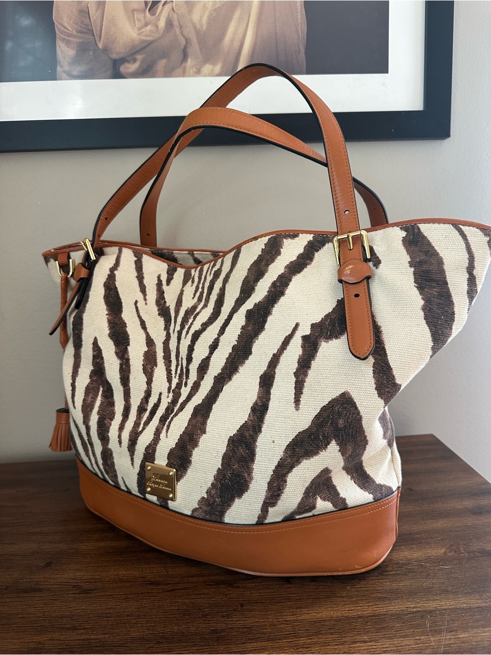 Lauren Ralph Lauren Zebra Print Canvas & Leather Shoulder Bag